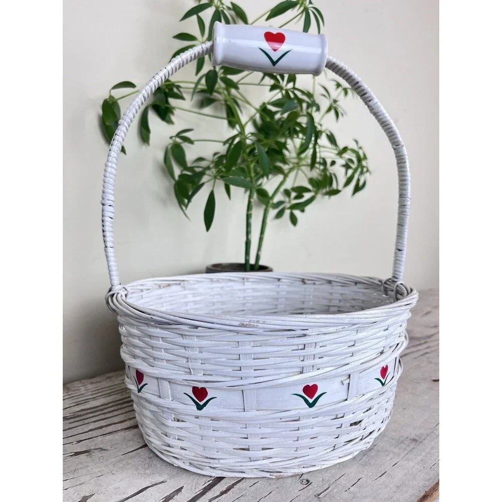Vintage White Woven Wicker Basket Ceramic Heart Handle / Red & Green Flowers 11”